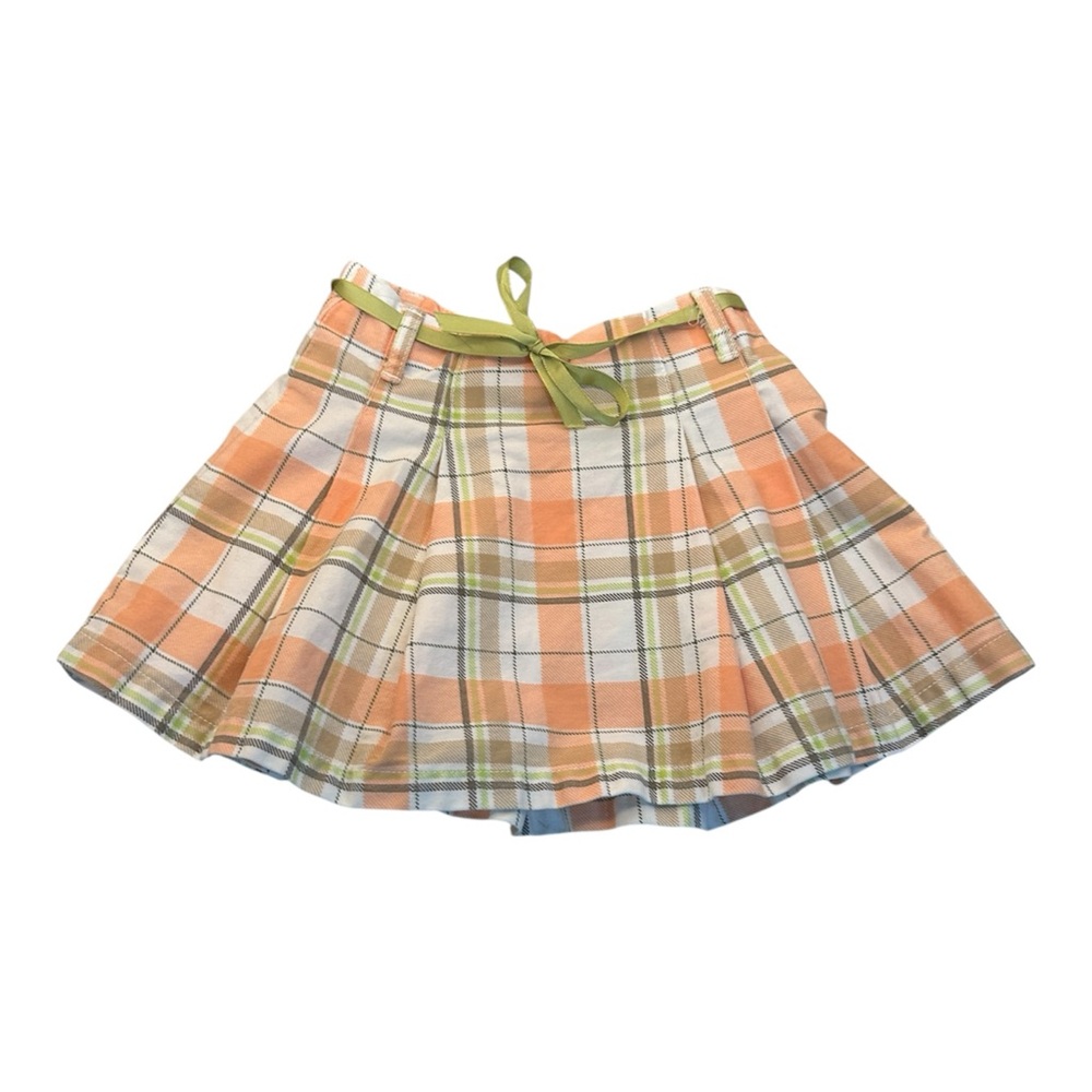 Girls Plaid Orange Green Skirt With Tie‎ Size 4 Y2K Vintage
